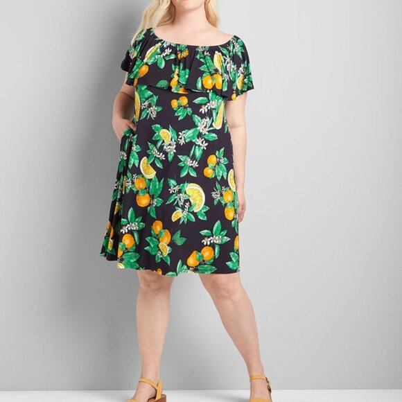 Lane Bryant 14 / 16 Off The Shoulder A Line Dress 4-Way & Pockets Navy Lemon NEW - Picture 1 of 12